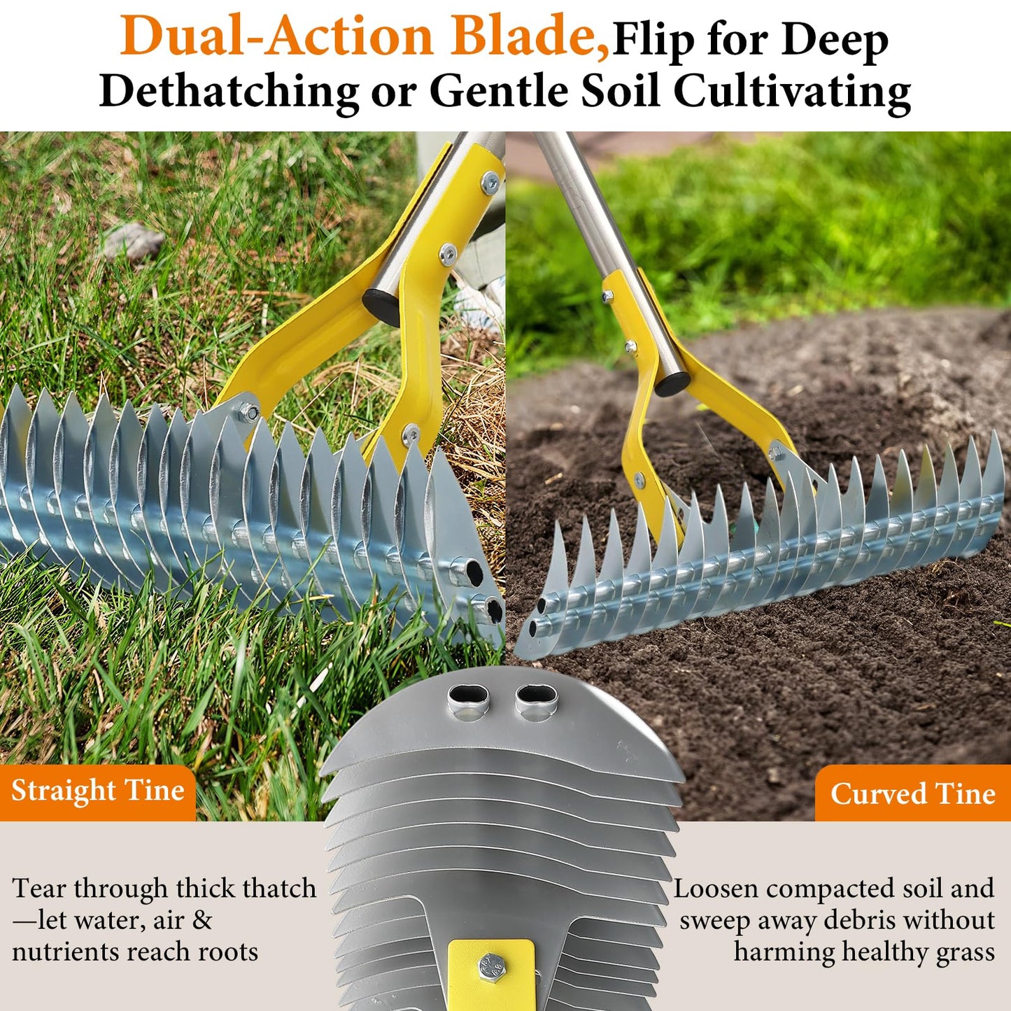 15" Dual Sided Lawn Dethatch Rake 70" Adjustable Long Handle