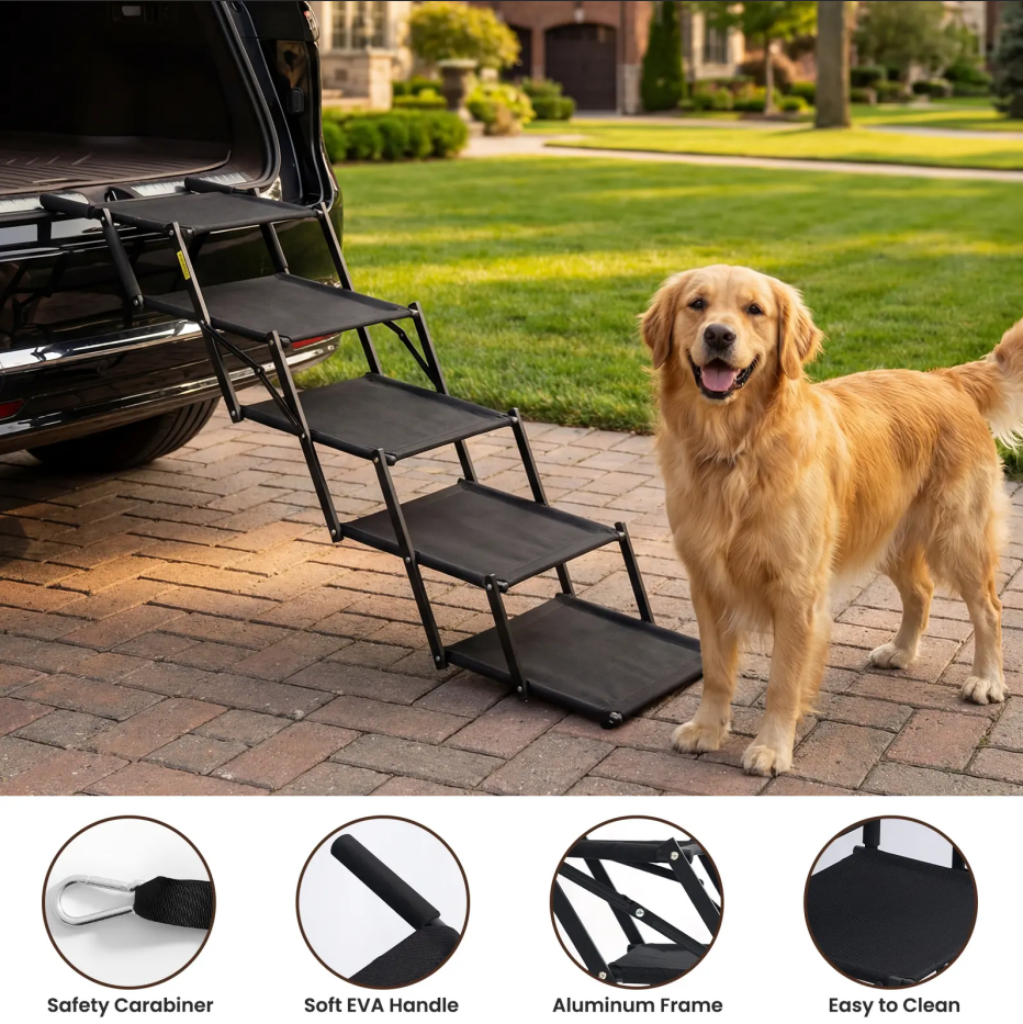 Sturdy Foldable 5 Tier Dog Car Stairs, Anti Slip Portable Pet Ramp for All Vehicles