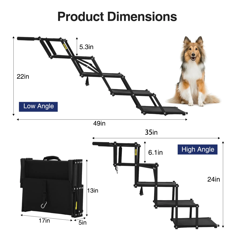 Sturdy Foldable 5 Tier Dog Car Stairs, Anti Slip Portable Pet Ramp for All Vehicles