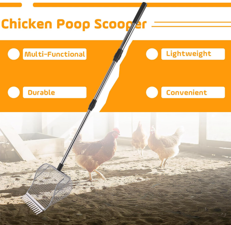 Adjustable Length Stainless Steel Chicken Manure Scoop Shovel, Heavy Duty Poultry Coop Waste Cleaning Tool