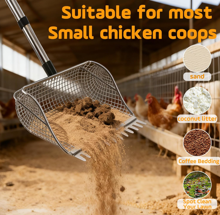 Adjustable Length Stainless Steel Chicken Manure Scoop Shovel, Heavy Duty Poultry Coop Waste Cleaning Tool