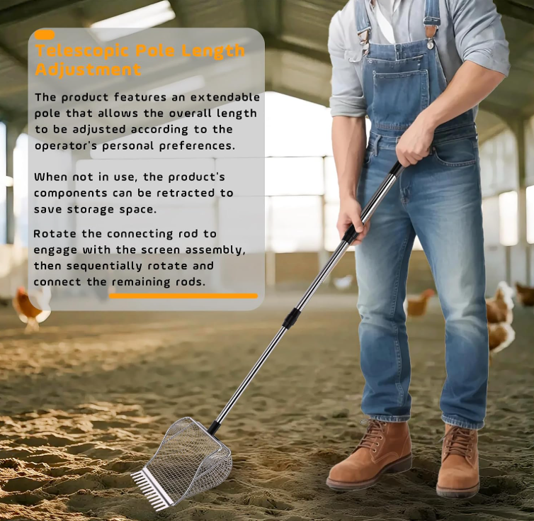 Adjustable Length Stainless Steel Chicken Manure Scoop Shovel, Heavy Duty Poultry Coop Waste Cleaning Tool