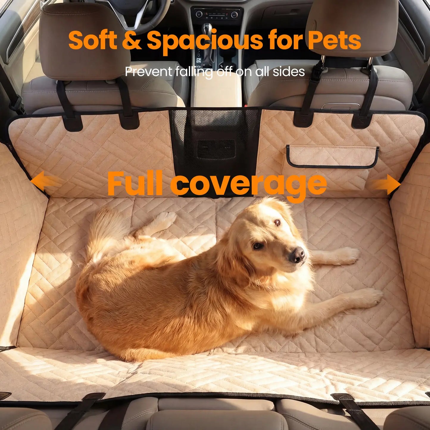 Waterproof Foldable Full Coverage Dog Back Seat Cover, Large Pet Car Seat Protector in Black and Beige