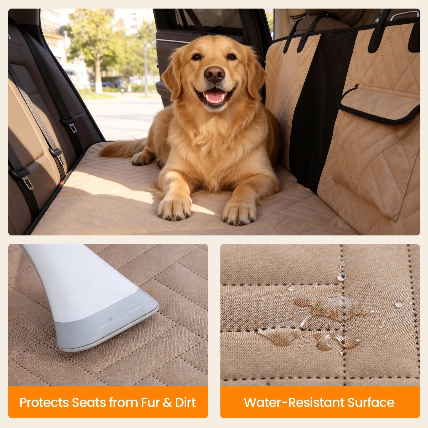 Waterproof Foldable Full Coverage Dog Back Seat Cover, Large Pet Car Seat Protector in Black and Beige