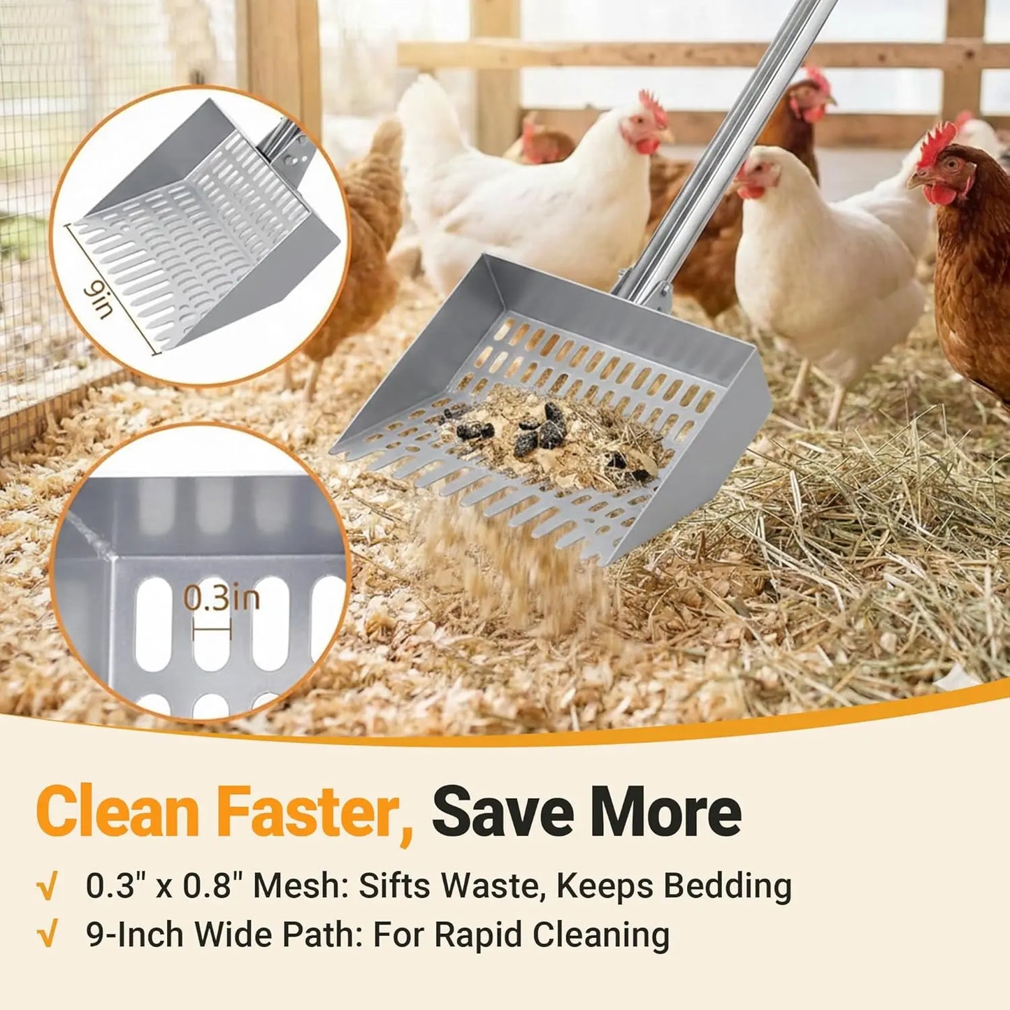 38-66" Adjustable Long Handle Metal Manure Sifting Shovel, No Bend Chicken Coop Horse Litter Cleaning Scooper