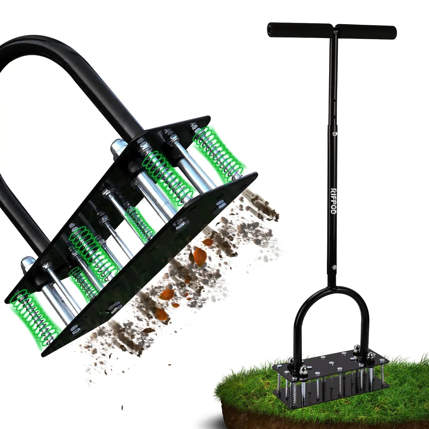 Height Adjustable Manual Lawn Aerator 15 Iron Spikes, Self-Clean Dirt Leaf Heavy Duty Yard Grass Aerator