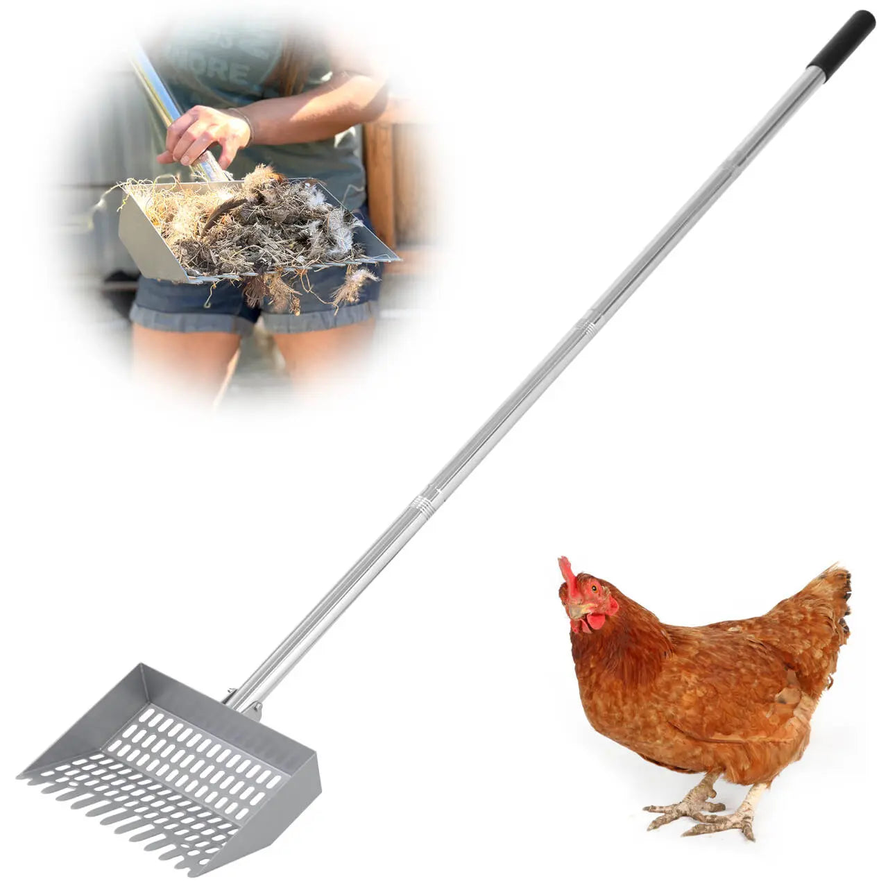 38-66" Adjustable Long Handle Metal Manure Sifting Shovel, No Bend Chicken Coop Horse Litter Cleaning Scooper