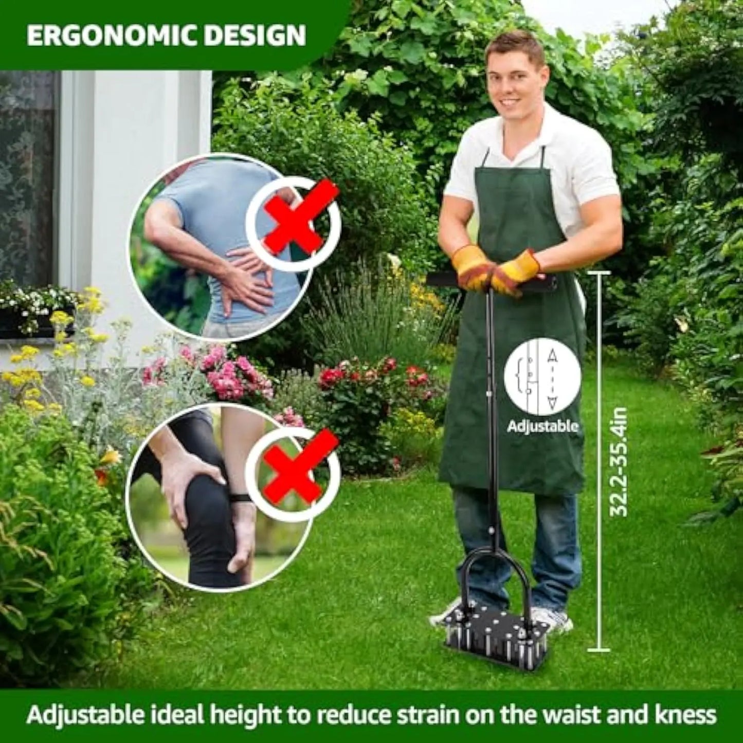 Height Adjustable Manual Lawn Aerator 15 Iron Spikes, Self-Clean Dirt Leaf Heavy Duty Yard Grass Aerator