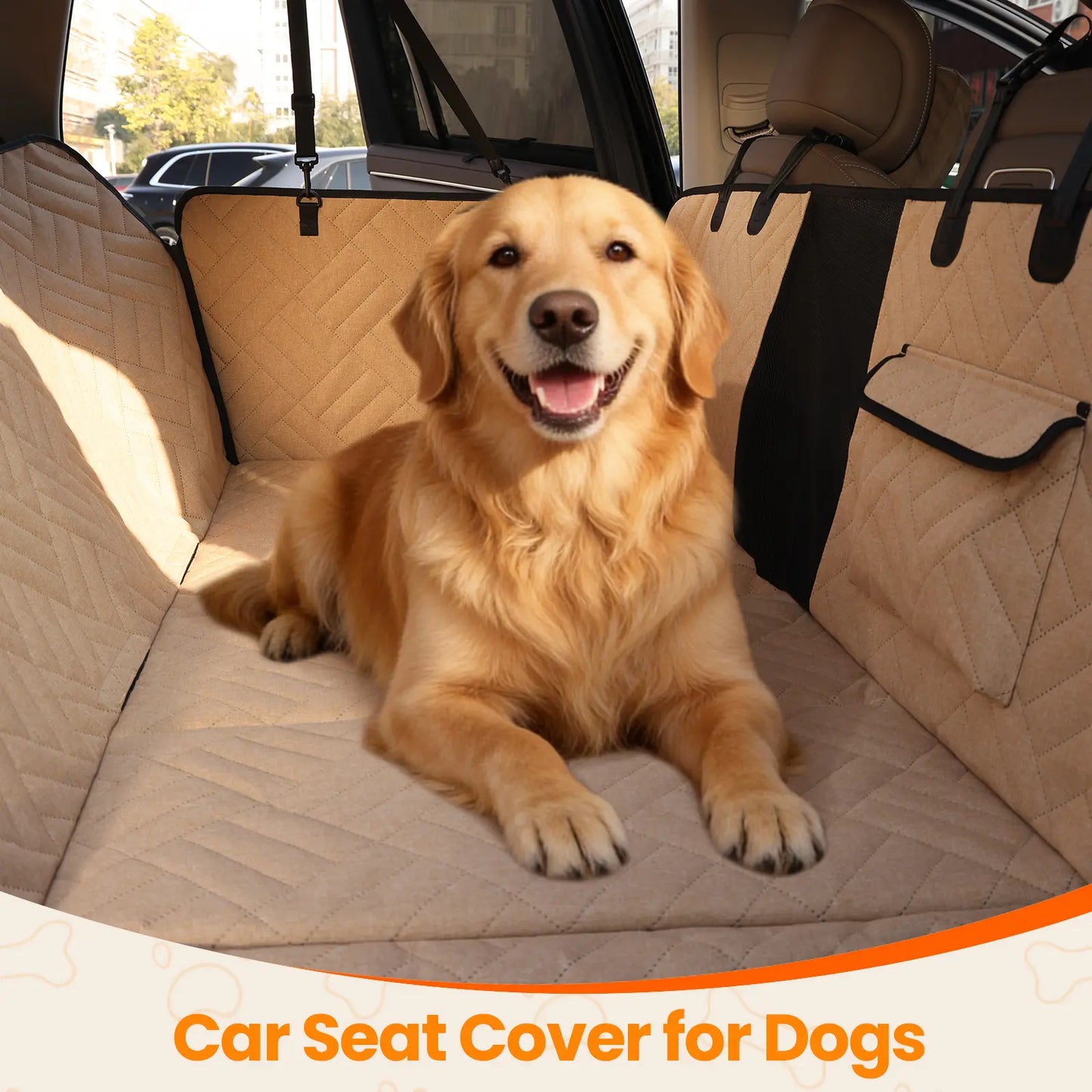 Waterproof Foldable Full Coverage Dog Back Seat Cover, Large Pet Car Seat Protector in Black and Beige