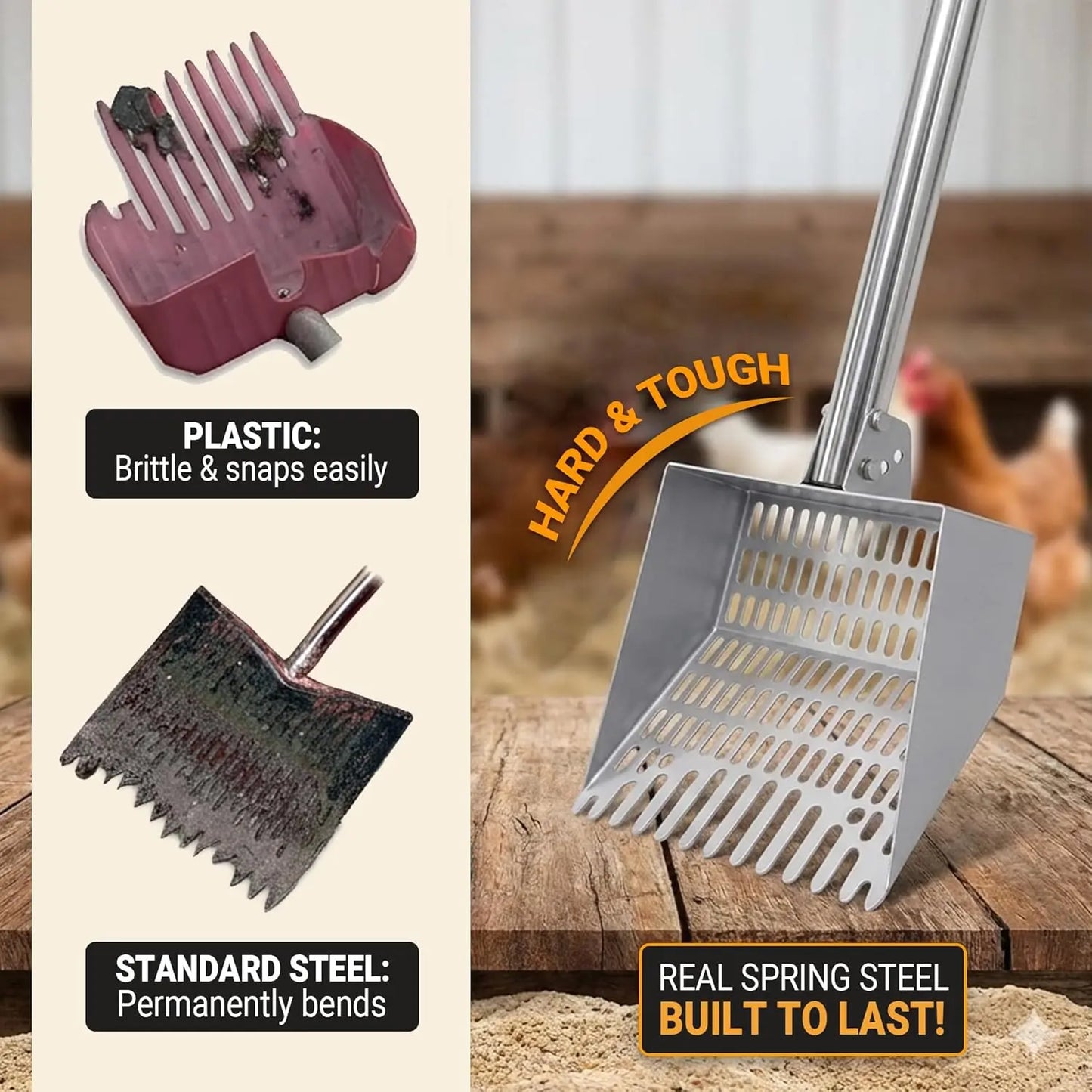 38-66" Adjustable Long Handle Metal Manure Sifting Shovel, No Bend Chicken Coop Horse Litter Cleaning Scooper