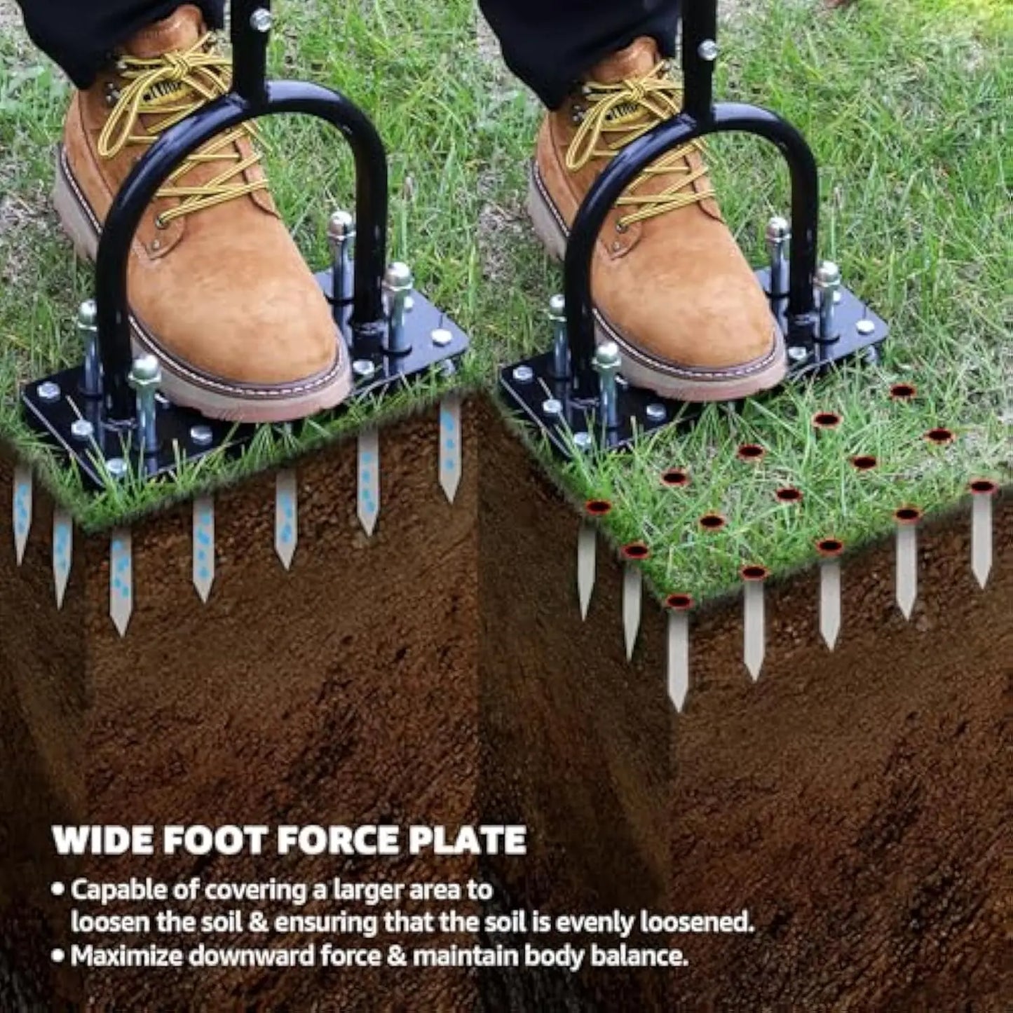 Height Adjustable Manual Lawn Aerator 15 Iron Spikes, Self-Clean Dirt Leaf Heavy Duty Yard Grass Aerator
