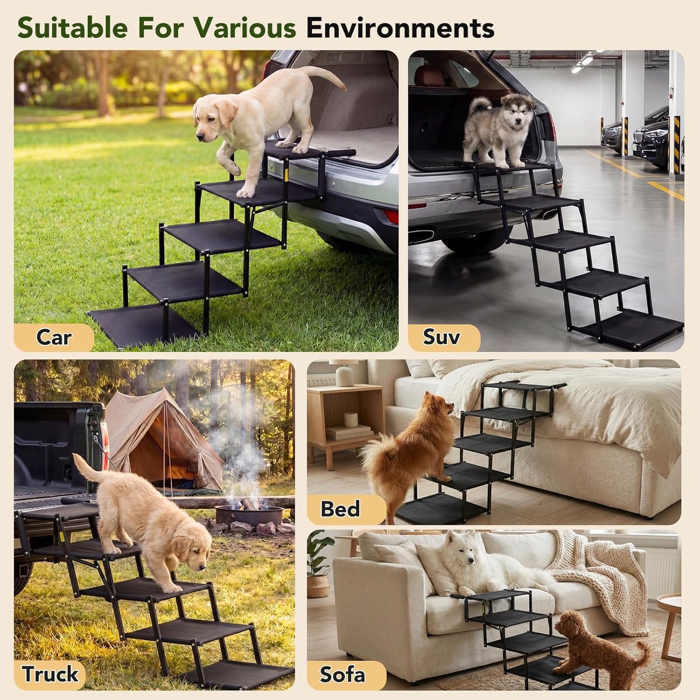 Sturdy Foldable 5 Tier Dog Car Stairs, Anti Slip Portable Pet Ramp for All Vehicles