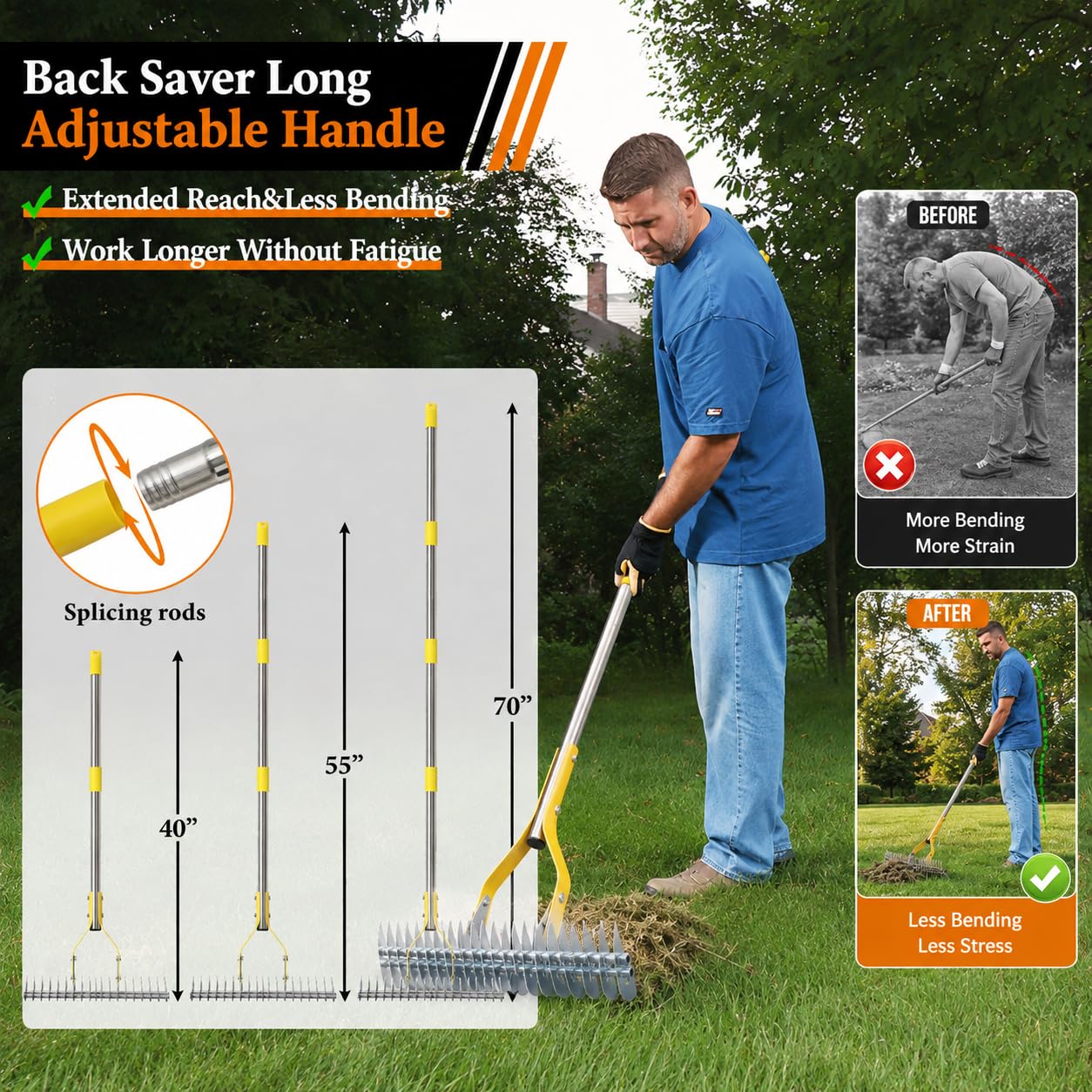 15" Dual Sided Lawn Dethatch Rake 70" Adjustable Long Handle