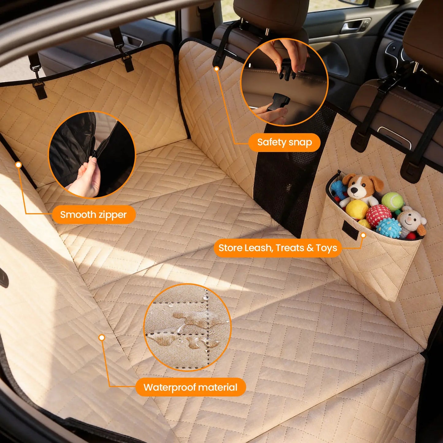 Waterproof Foldable Full Coverage Dog Back Seat Cover, Large Pet Car Seat Protector in Black and Beige