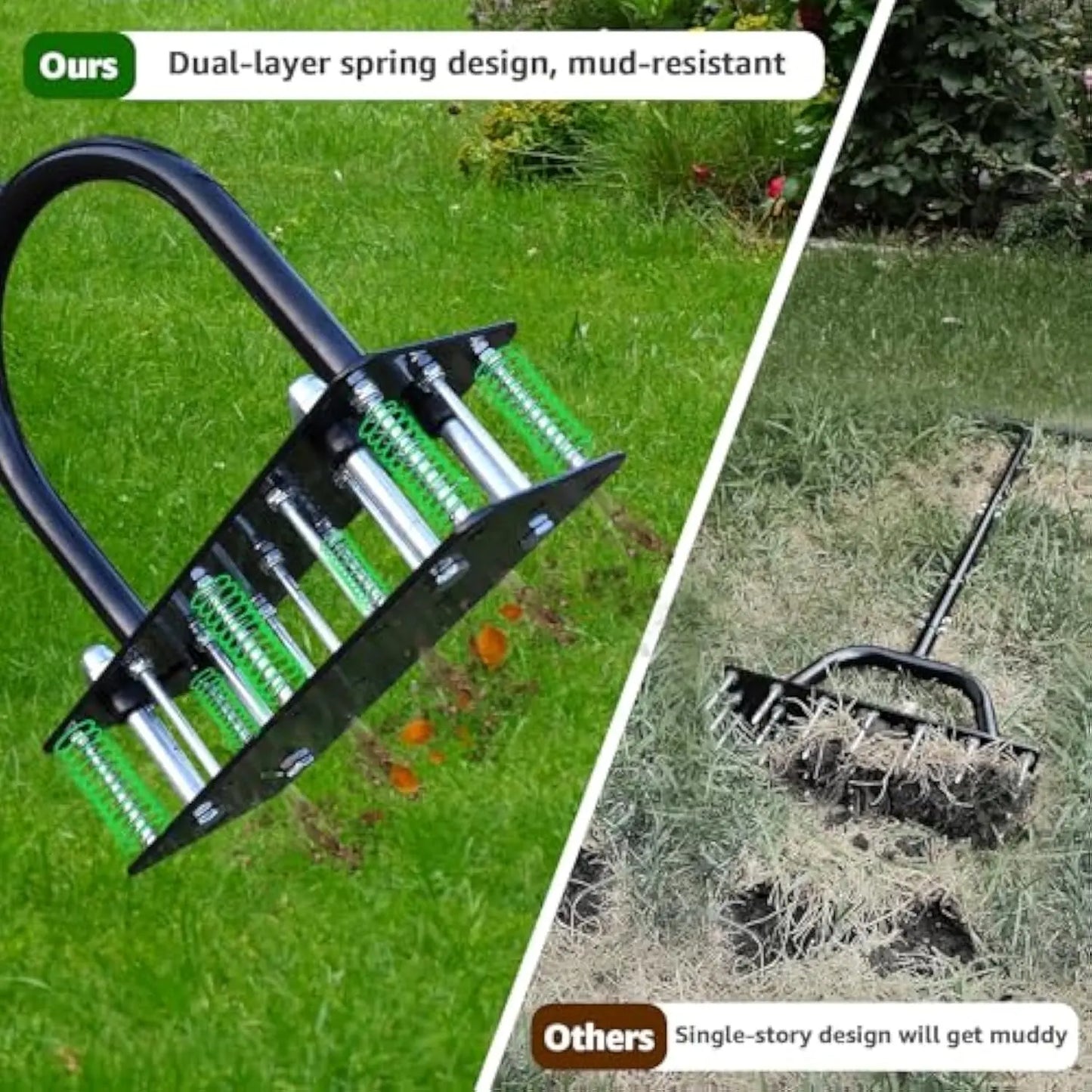 Height Adjustable Manual Lawn Aerator 15 Iron Spikes, Self-Clean Dirt Leaf Heavy Duty Yard Grass Aerator