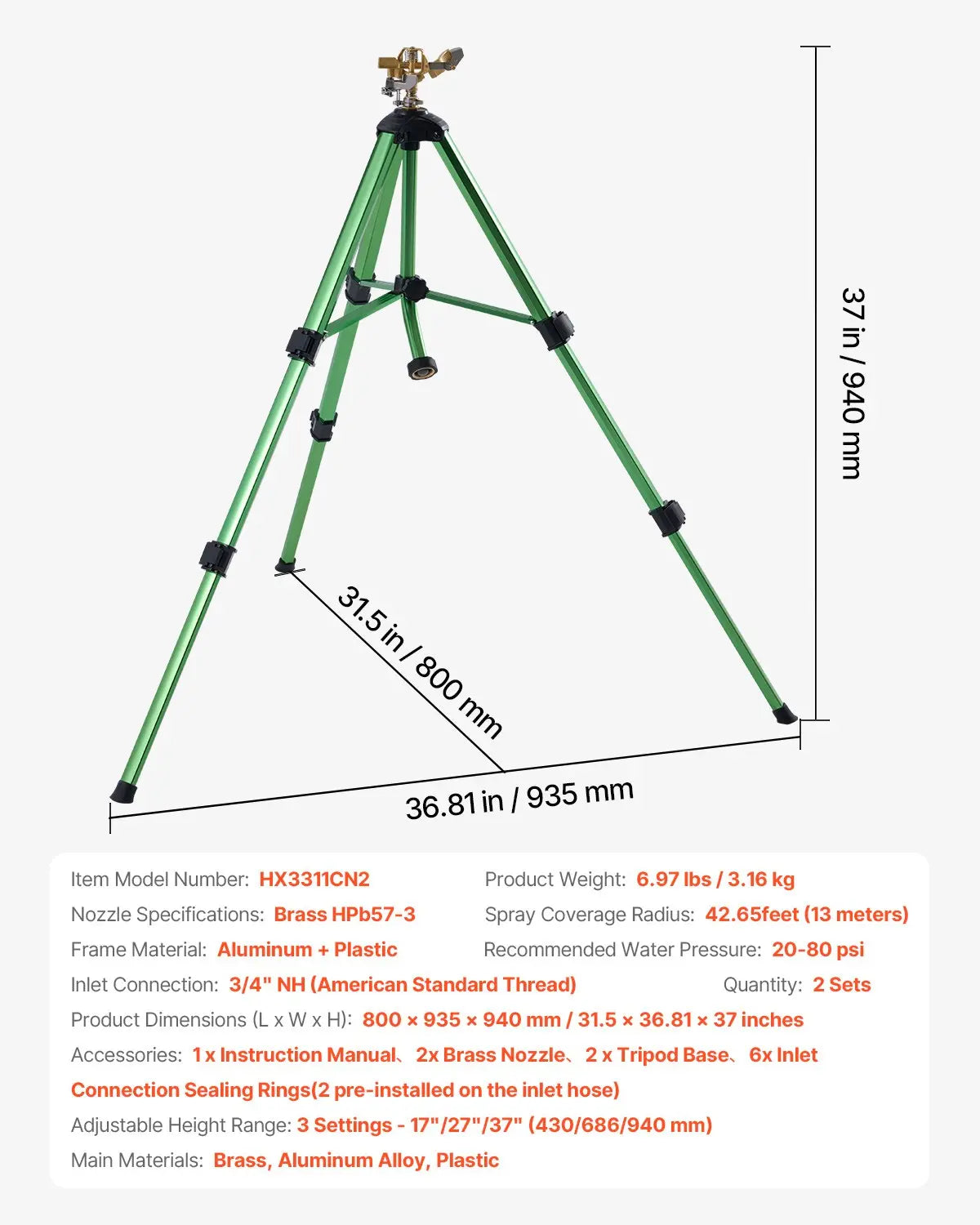 360 Degree Adjustable Tripod Impact Lawn Sprinkler
