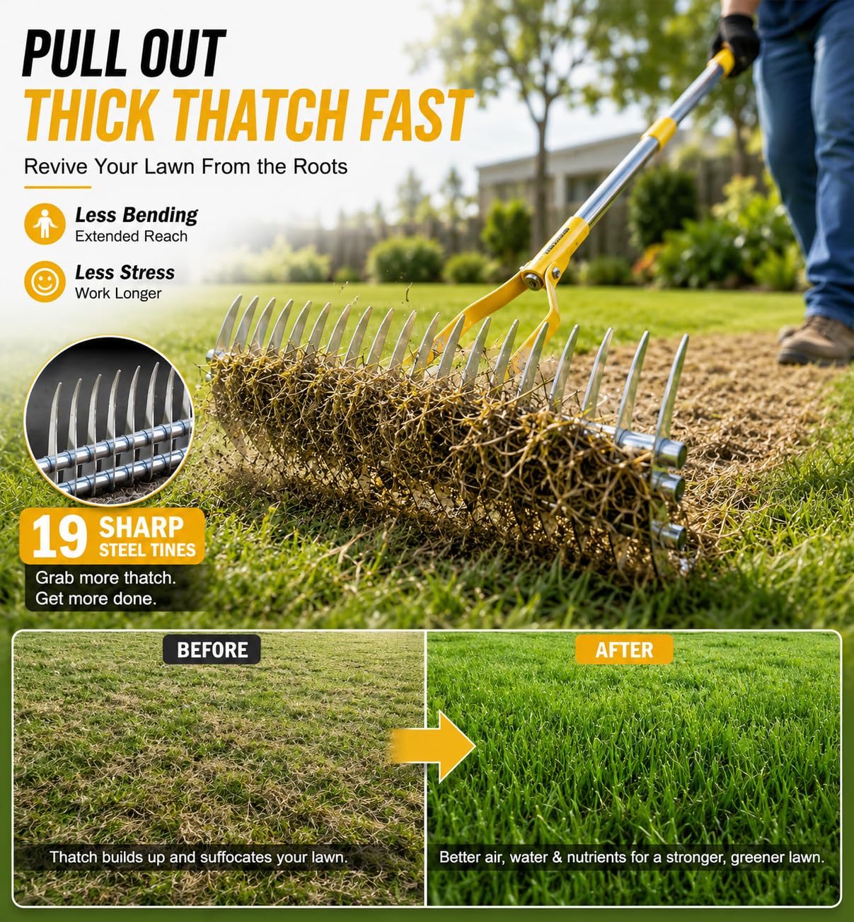 15" Dual Sided Lawn Dethatch Rake 70" Adjustable Long Handle